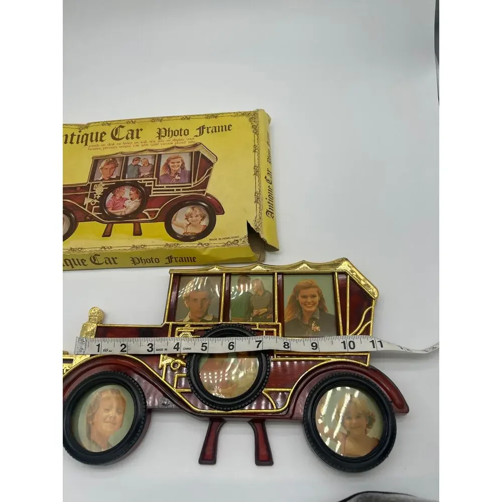 Vintage Antique Car Photo Frame 6 Opening Gold Tone Hong Kong w/ Original Box